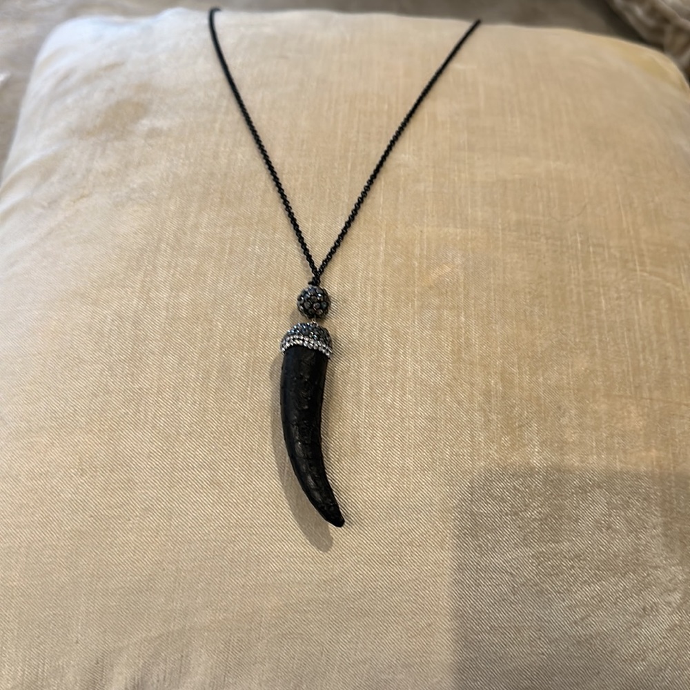 Leather and crystal black Italian horn necklace